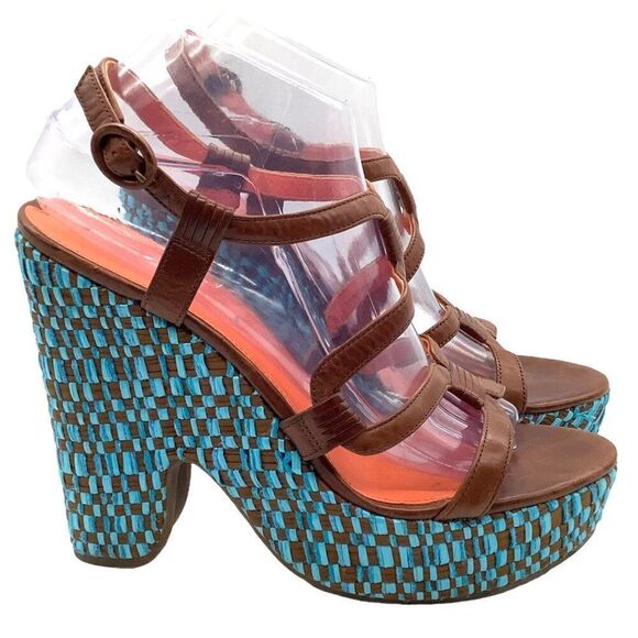 VIA SPIGA Cai Leather Platform Woven Wedge Sandals 41 9 Strappy Caged Blue Brown - Picture 1 of 10